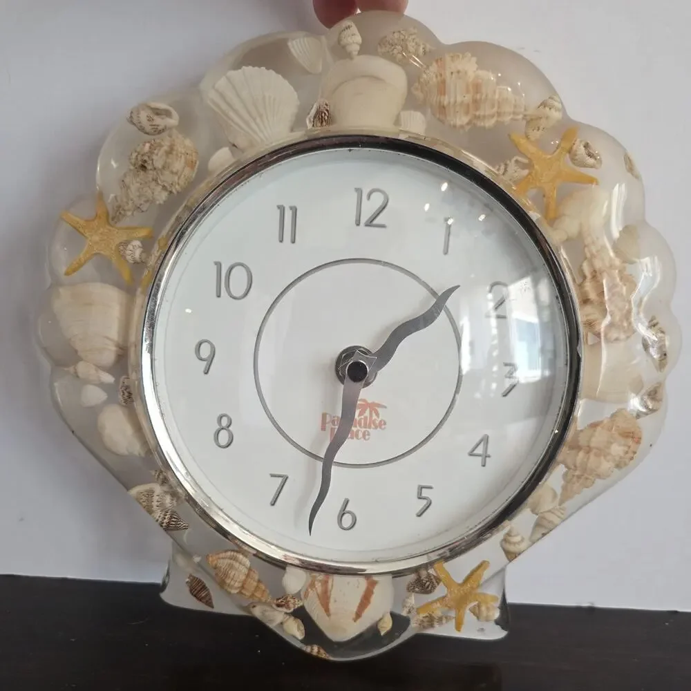 Shell Shaped Lucite Clock Embedded Seashells Wall Hanging Takes 1.5 V Battery